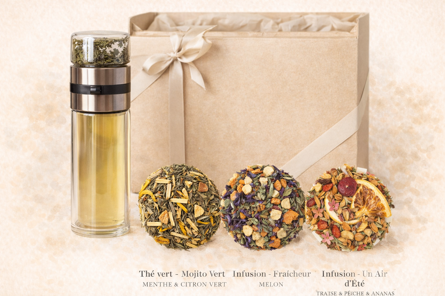 Coffret été – Thermos en verre & 3 thés et infusions fruitées